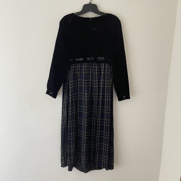 Vintage 90s Velvet Plaid Midi Dress Grunge Dark Academia Holiday M Petite - Picture 3 of 11